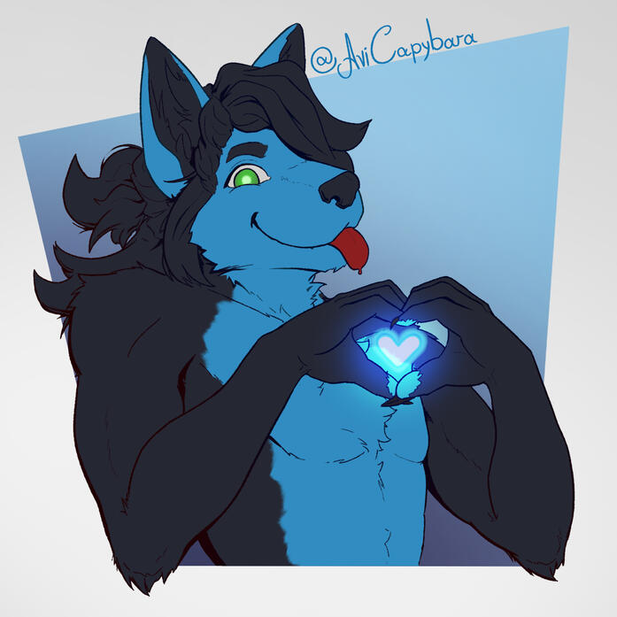 Lobo preto e azul, furry, fazendo um coraçãozinho com as mãos e pondo a pontinha da língua pra fora.