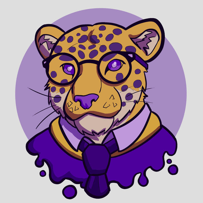 Onça-pintada furry, usando óculos redondos encarando a câmera. Ele tem um sorriso leve, olhos roxos e usa um sweater sobre uma camisa de gola, uma gravata roxa e um lenço amarelo sobre os ombros, passando uma vibe mauricinho.