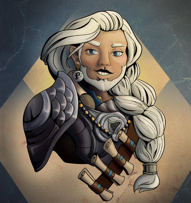 Uma anã barbada com um longo cabelo branco em trança. Ela olha para câmera com um sorriso debochado.