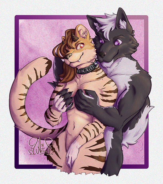 Um casal de furries, onde uma tigresa é abraça por trás por um lobo cinza. Ele segura os seios da tigresa, não permitindo que a câmera os veja. Eles se encaram felizes.
