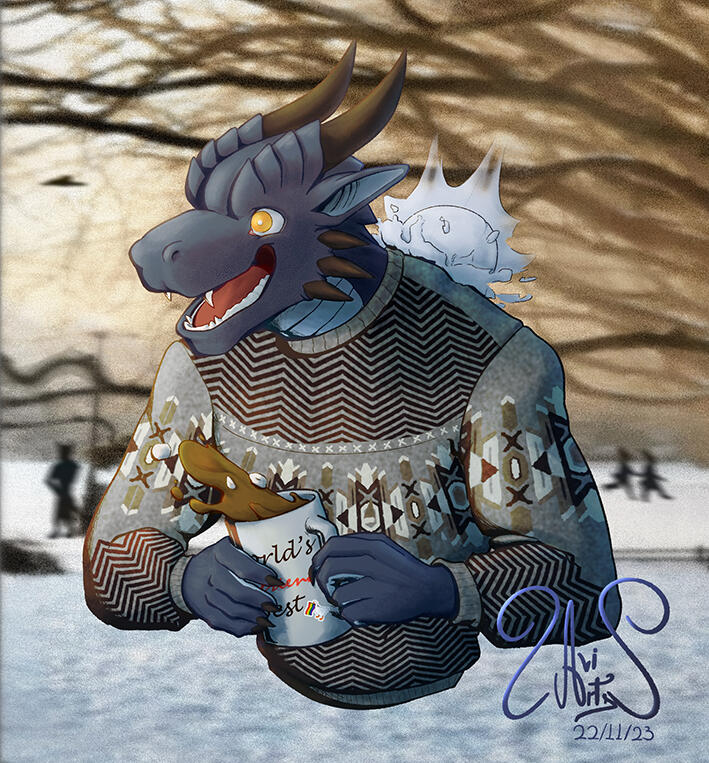 Um grande amigo meu, pelo qual sinto muita falta. Ele é um dragão azul, surpreso, segurando uma caneca de chocolate quente, enquanto é atingindo por uma bola de neve nas costas.