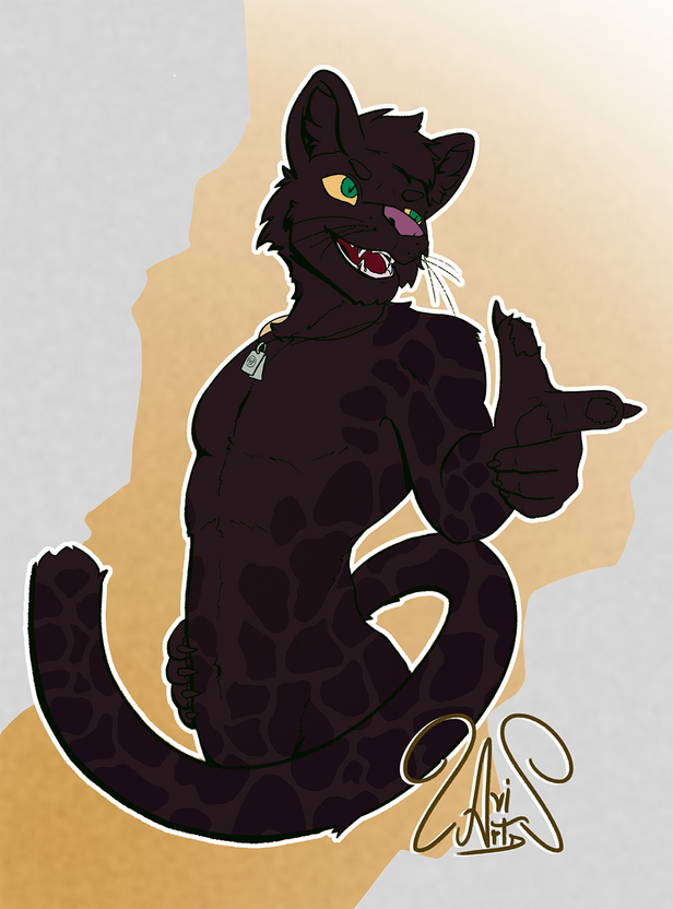 Uma pantera negra, fazendo um finger gun em direção da câmera.