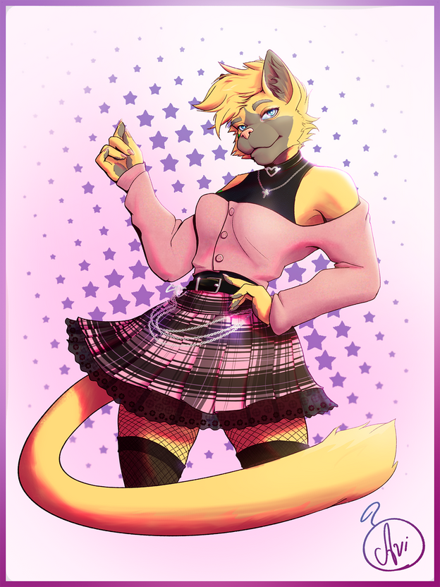 Uma gata furry usando uma saia, meia calça e um cropped, posando para foto.