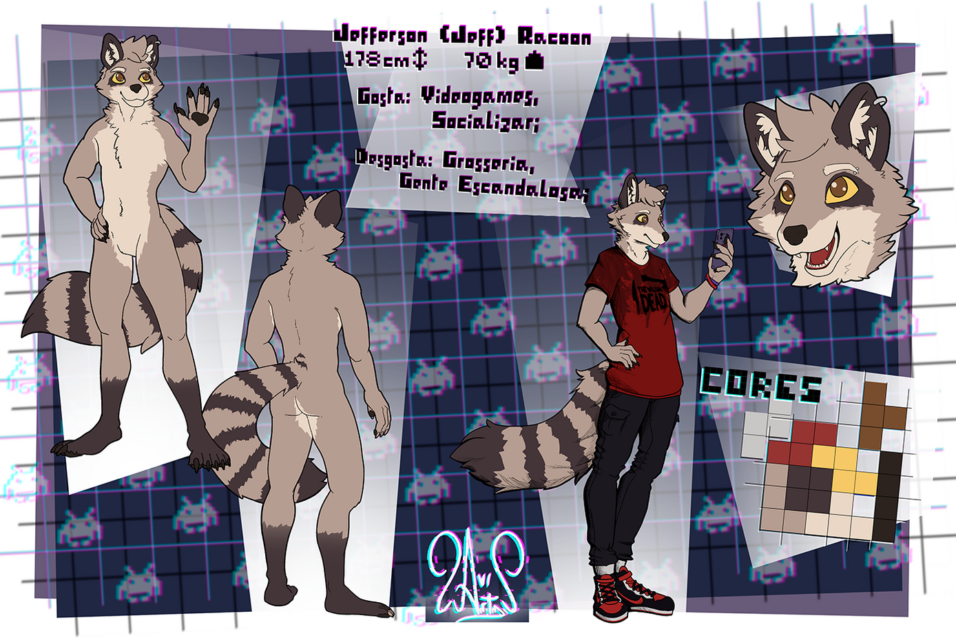 Um guaxinim do cinzento com escleras amarelas e roupas casuais.