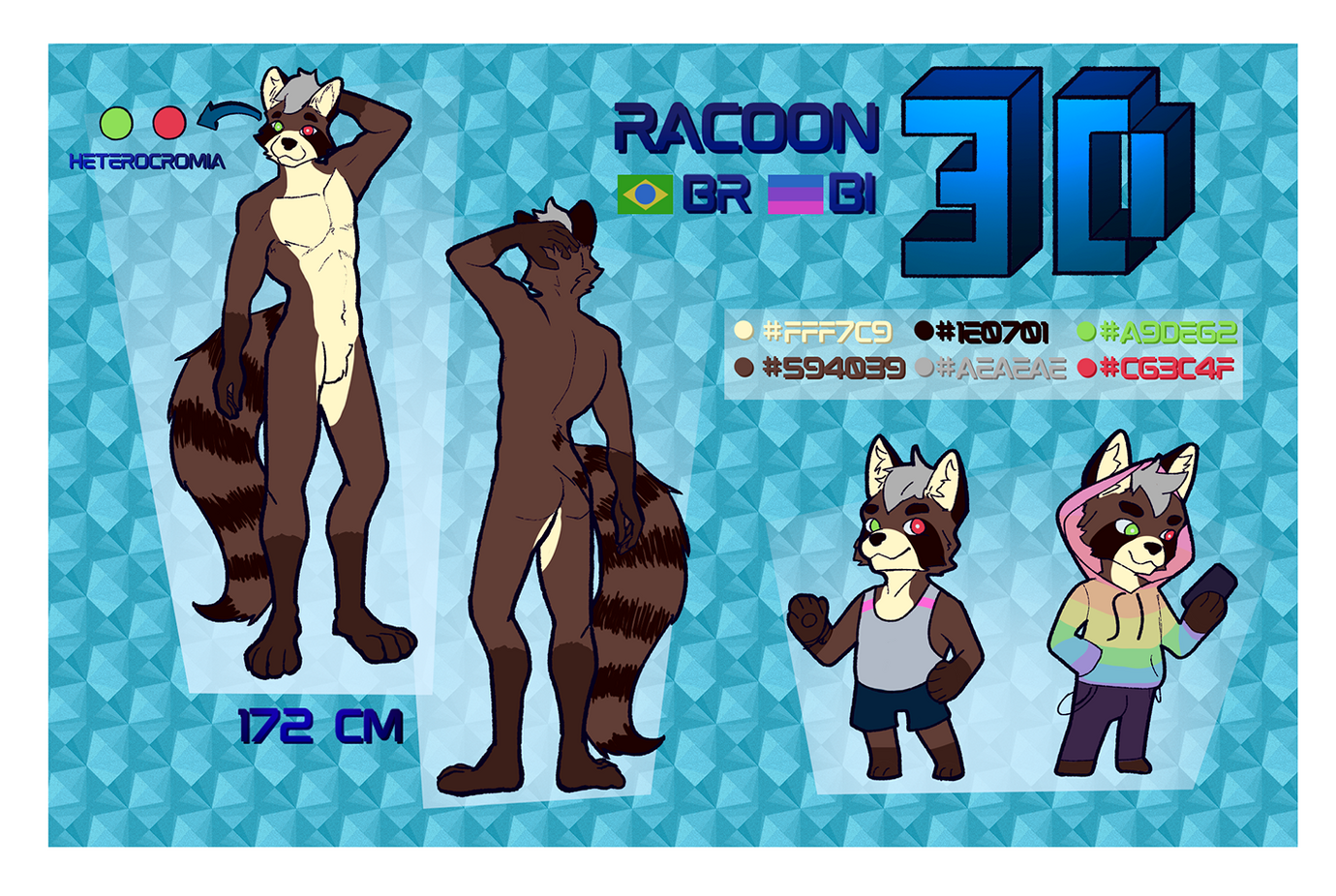 Um guaxinim com topete cinzento e olhos heterocromáticos