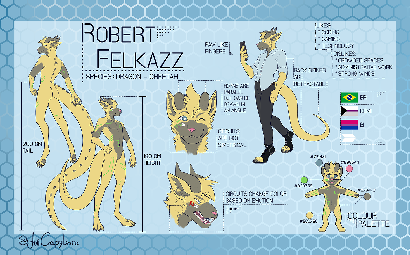 Um furry híbrido de dragão e gato, com uma longa cauda.