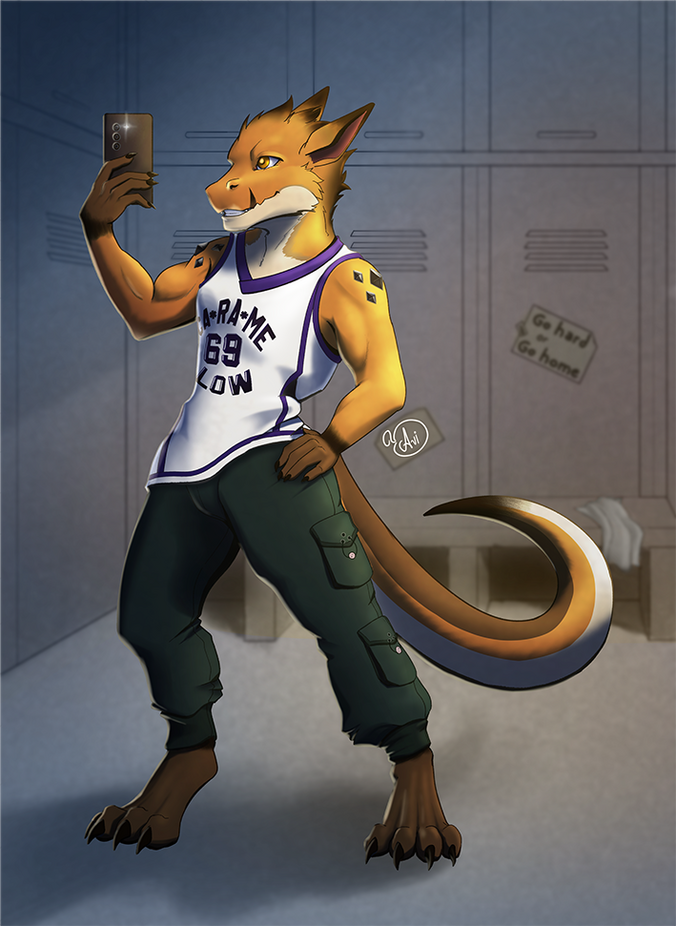 Um dragão caramelo, usando uma regata e calças cargo, toa pose de quem tira uma selfie num espelho. O cenário atrás é um vestiário.