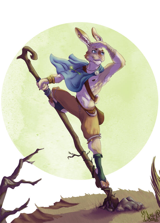 Um personagem de RPG, coelho, cobre o rosto com uma das mãos, como tentando ver à distância, apoiando-se num cajado.