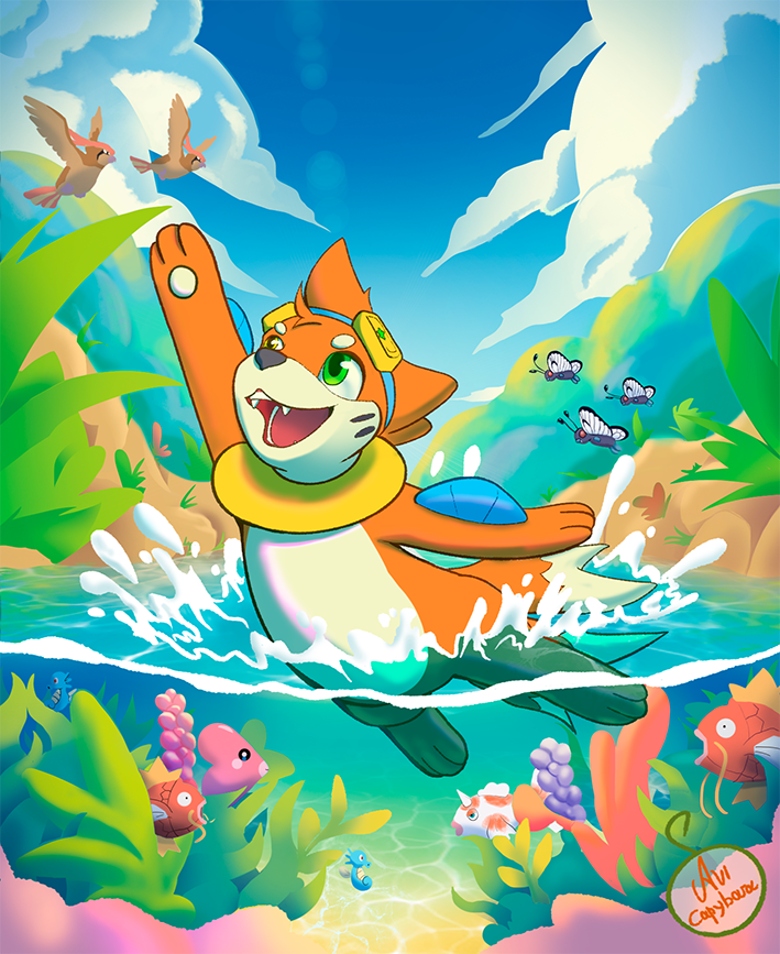 Um Buizel (Pokemon), nadando e saltando para fora da água. Outros pokemons e vegetação decoram o local.